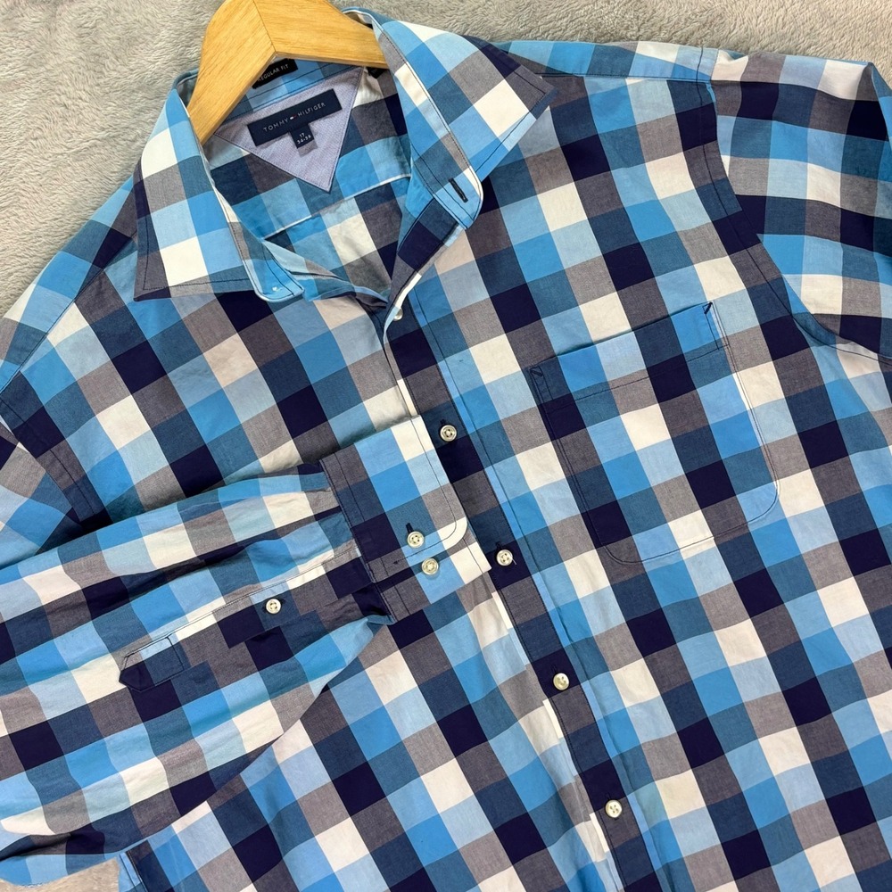 Tommy Hilfiger Men's Plaid Button Down Shirt Blue Navy White Regular Fit Size 17